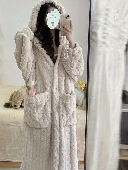 Autumn and Winter Casual Solid Jacquard Wool Extra Thick Nightgown，Long Sleeve Hooded Button Robe，with Pocket，Women's Pajamas and Dress