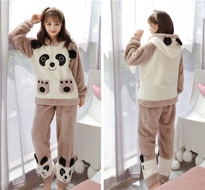 Women's Winter Pajamas Suit，Cute Cartoon Panda Hooded Long Sleeve Top，Embroidered Fluff，Thick Warm Polyester Home Wear，100%Polyester Knitted Fabric，Adult Casual Wear