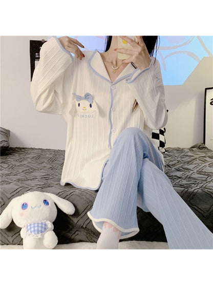 2Pieces Sanrio Women's pajama suit，Sweet Lapel Long Sleeve Top with Bowknot and Embroidered Dog，Solid Color Polyester Knitted Fabric，Trousers，Spring and autumn pajamas