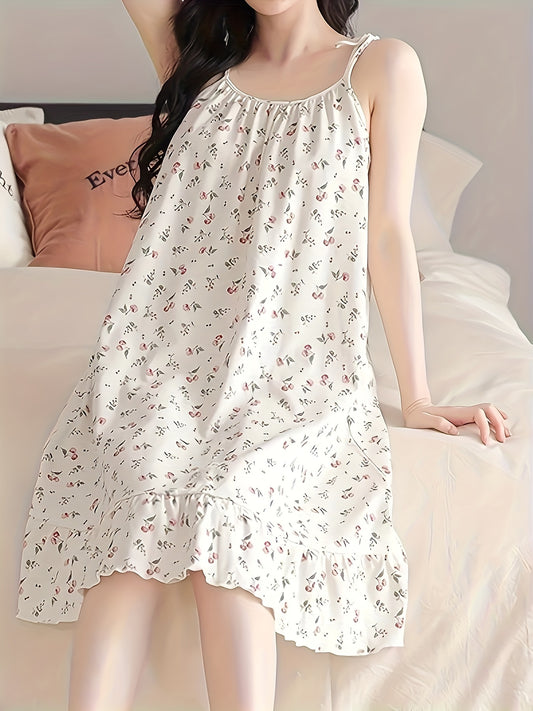 Women's Floral Print Dress round Neck Ruffled Nightdress