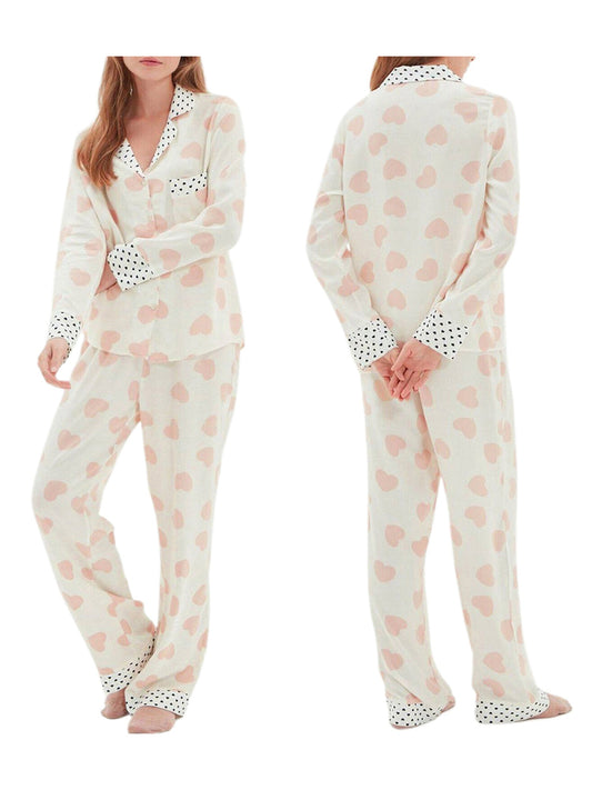 Women's Heart-Shaped Pajamas Suit，Long Cufflinks Shirt，Elastic Waist Belt Trousers，2Pajamas Set