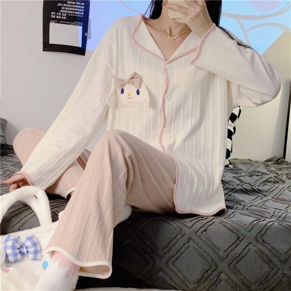 2Pieces Sanrio Women's pajama suit，Sweet Lapel Long Sleeve Top with Bowknot and Embroidered Dog，Solid Color Polyester Knitted Fabric，Trousers，Spring and autumn pajamas