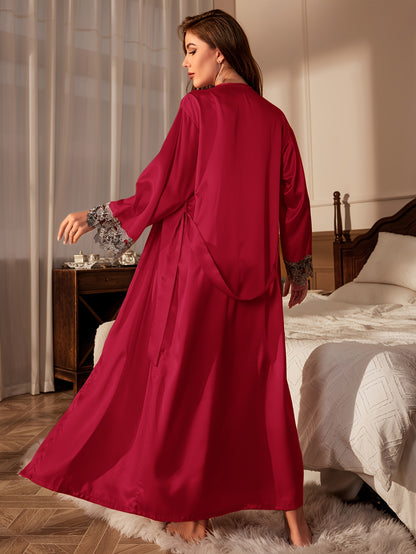 Contrast Color Lace Satin Pajamas Suit，Long Sleeve Robe with Belt and V Collar Strap Dress，Women's Pajamas and Homewear