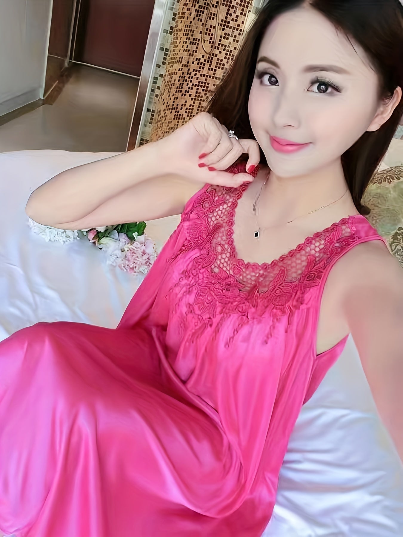 Women's Spring/Summer Ice Silk Home Wear Nightdress Dress Home Wear Lace Stitching Nightdress Comfortable Dress Nightdress