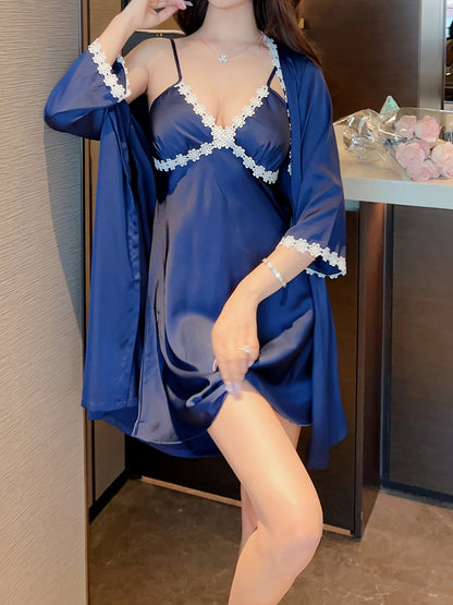 Lady Sexy Solid Color Satin Applique Pajamas Suit、V Collar Suspender Skirt and 3/4 Sleeve Nightgown、Comfortable Loose Design、Summer Pajamas