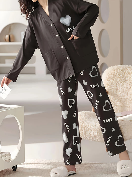 Women's Casual Pajamas Suit，Long Sleeve V Collar Cartoon，With Heart Shape and Heart Printing，Polyester Knitted Fabric，Four Seasons Leisure Clothing，Including Trousers，Comfortable Pajamas Suit