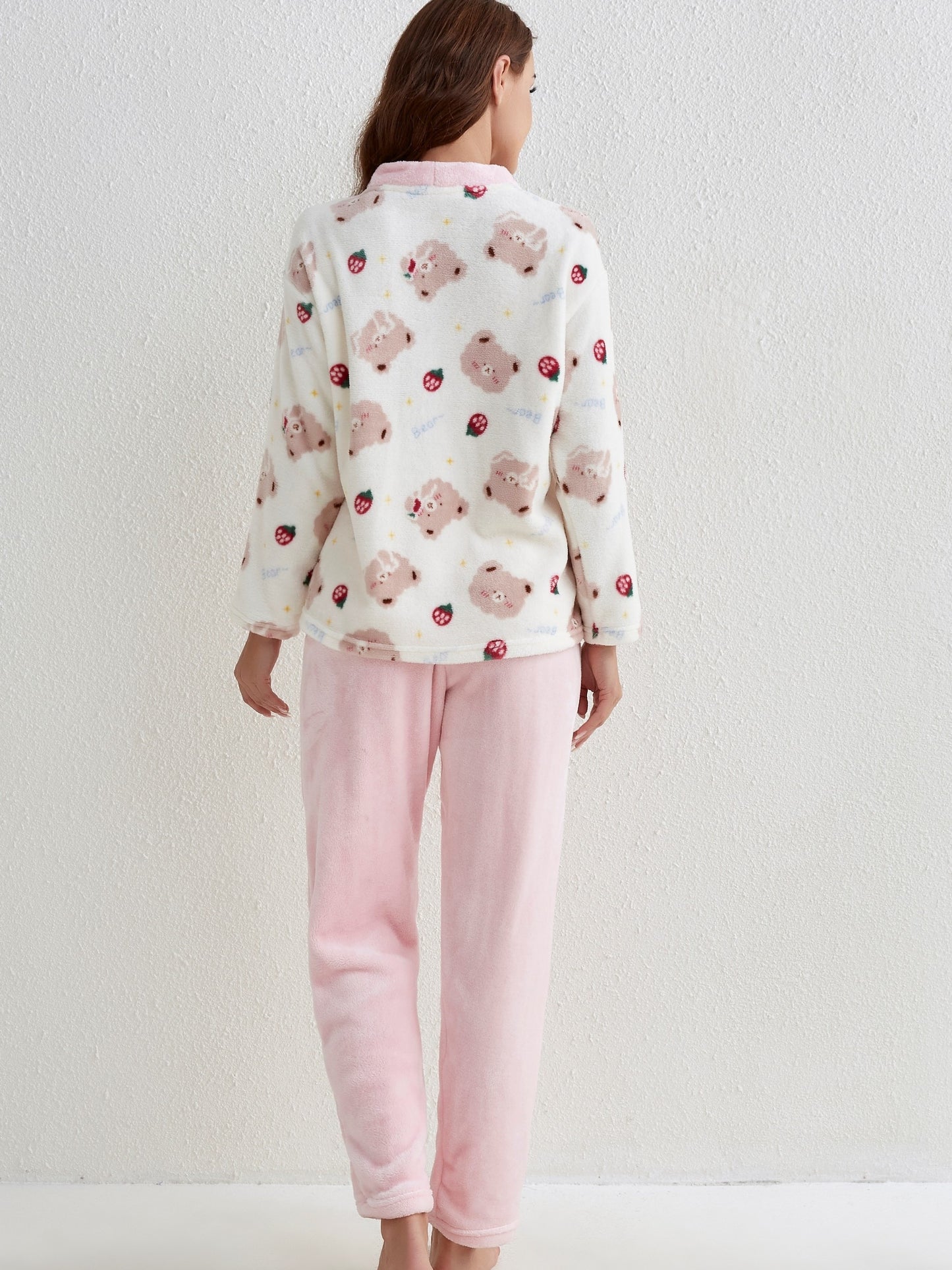 Cartoon Bear Print Pajamas Suit，Cute Long Sleeve Button Top and Elastic Waistband Pants，Women's Pajamas and Homewear