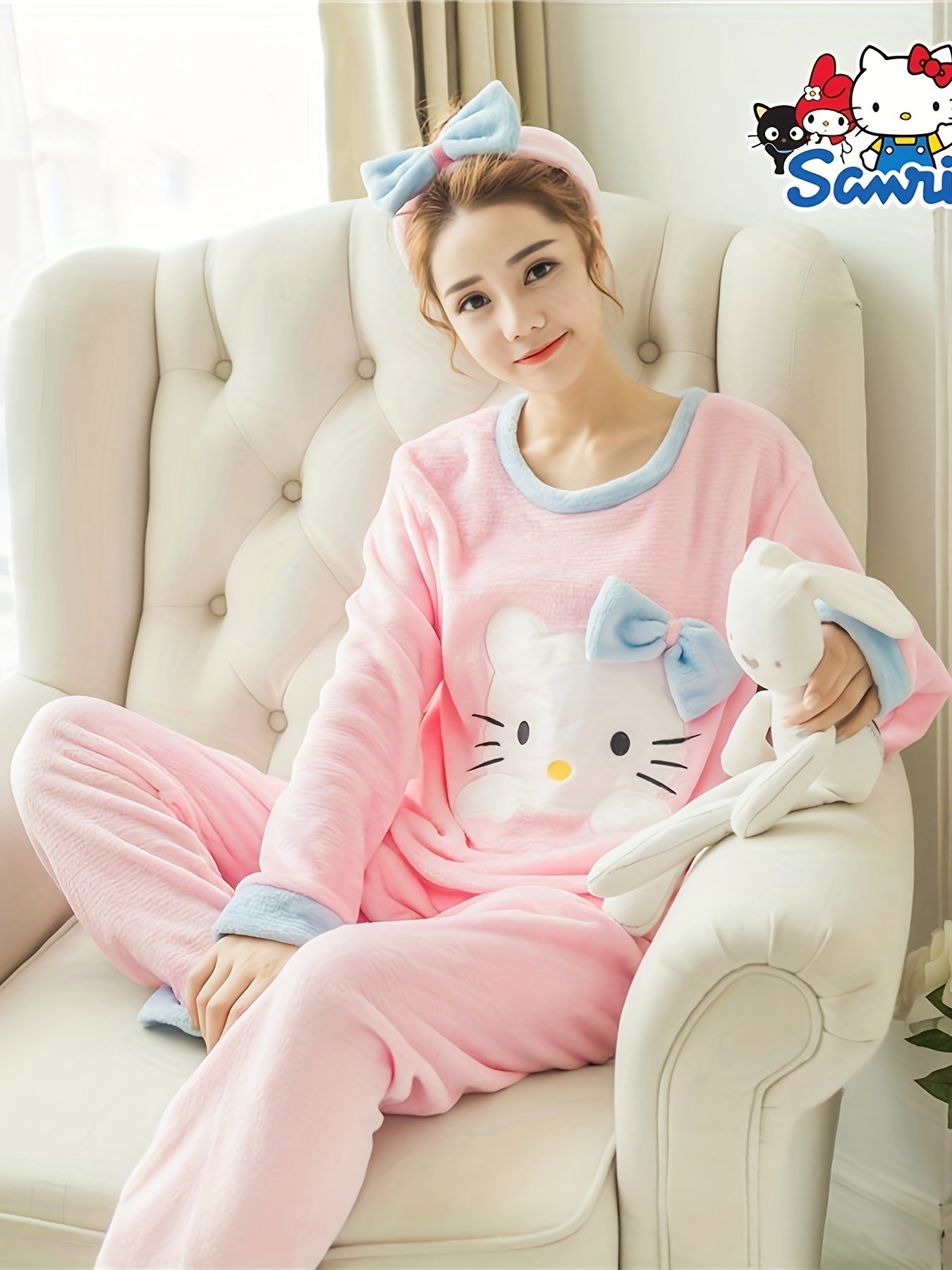 Triple Cute Winter Flannel round Neck Pajamas Coral Velvet Home Ladies Two-Piece Set