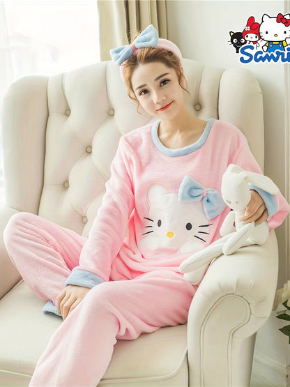 Triple Cute Winter Flannel round Neck Pajamas Coral Velvet Home Ladies Two-Piece Set