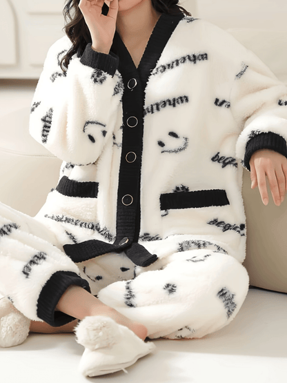 Cozy Cartoon Printed Women's Pajama Suit - Thick fleece V Collar Cardigan and Trousers，Machine Washable