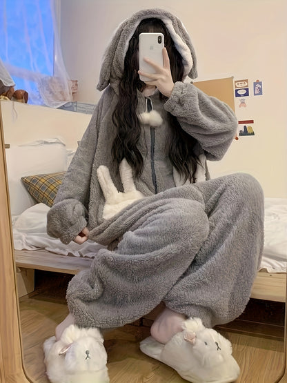 Women's Winter Cute Rabbit Pattern Homewear，Coral Fleece Thickened Outdoor Wear