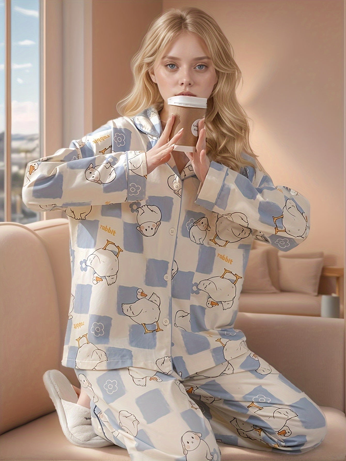 Women's Casual Cartoon Printed Pajamas Suit，With Lapel and Button Details，Long Sleeve Polyester-Spandex Blended Spring/Summer Autumn Pajamas