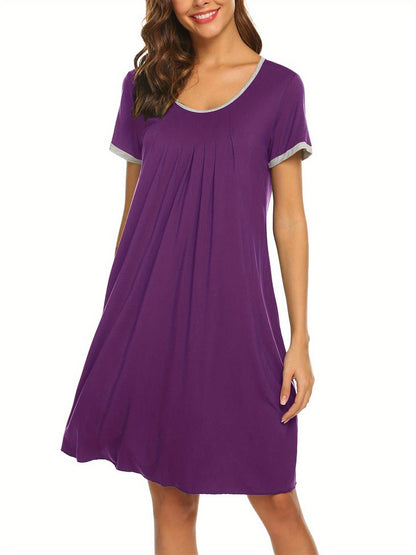 Women's Nightdress Short Sleeve Pajamas Soft and Comfortable Pleated Diagonal Collar Nightgown