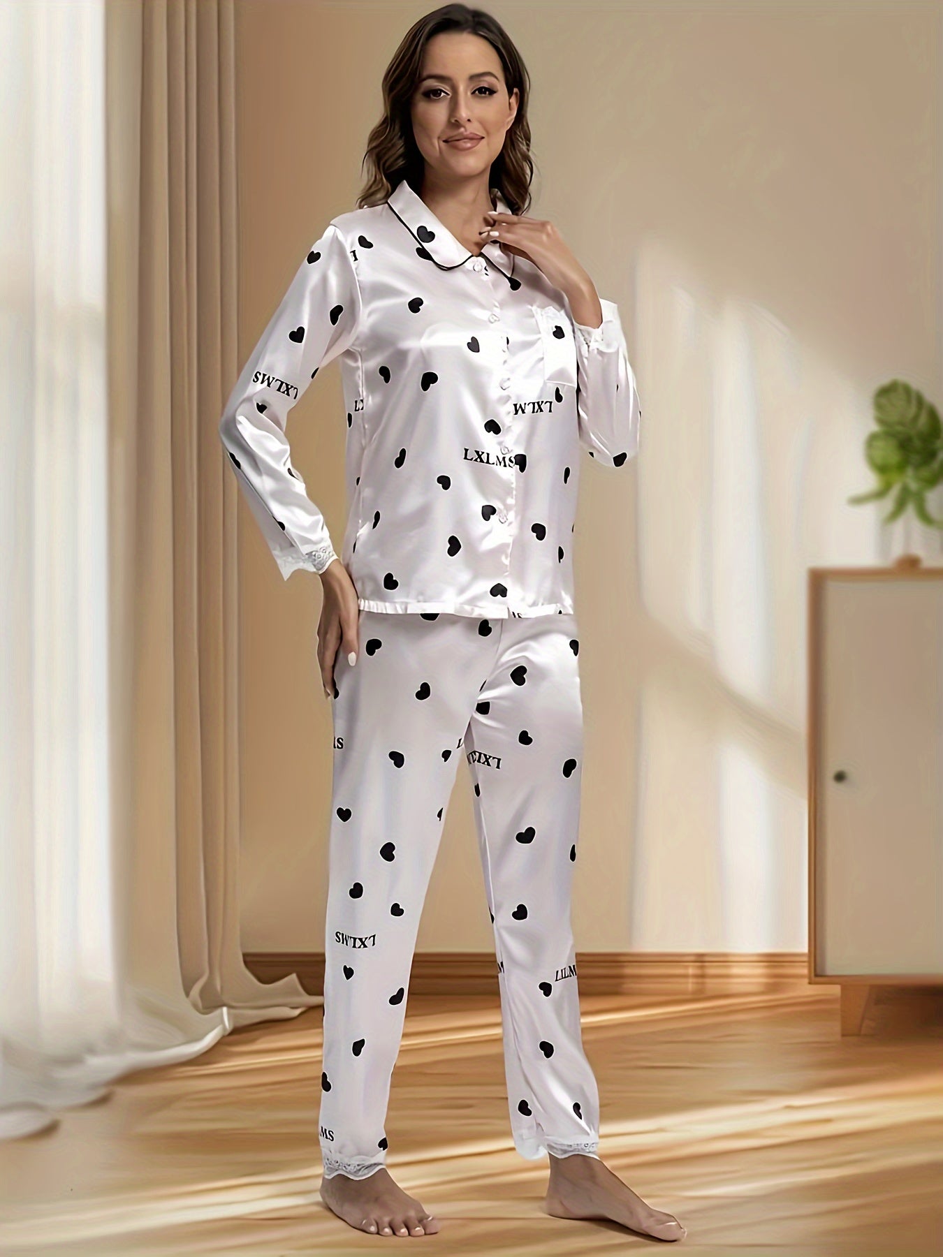 Elegant Heart Shape Printed Women's Pajamas Suit - Long Sleeve Button V Collar Lace Decorative Pajamas