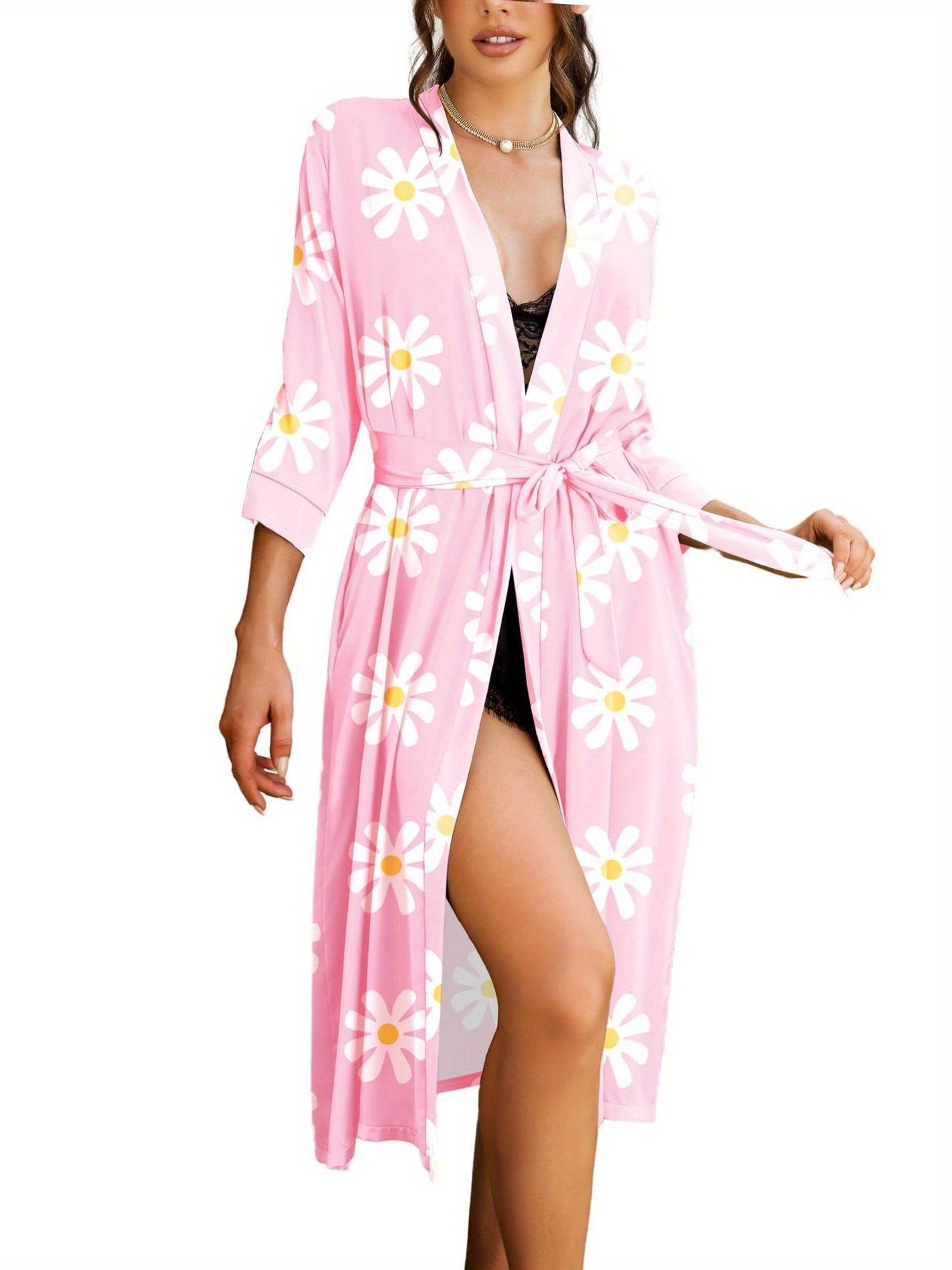 Elegant Solid Color Satin Bridal Robe，Comfortable Three-Quarter Sleeve with Belt Nightgown，Women's Casual Wear and Pajamas