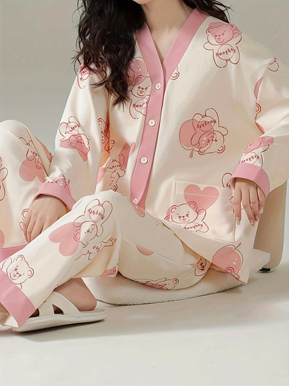 Cartoon Bear Print Pajamas Suit，Long Sleeve Button Top and Elastic Waistband Pants，Women's Pajamas and Homewear