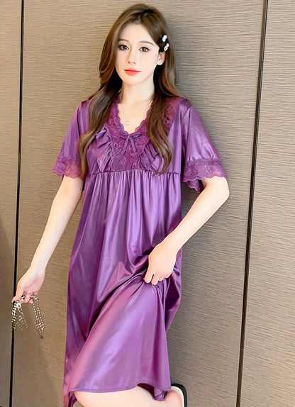 Elegant Ladies Lace V Collar Nightdress with Bowknot Details - Comfortable Short Sleeve Pajamas，Solid Color