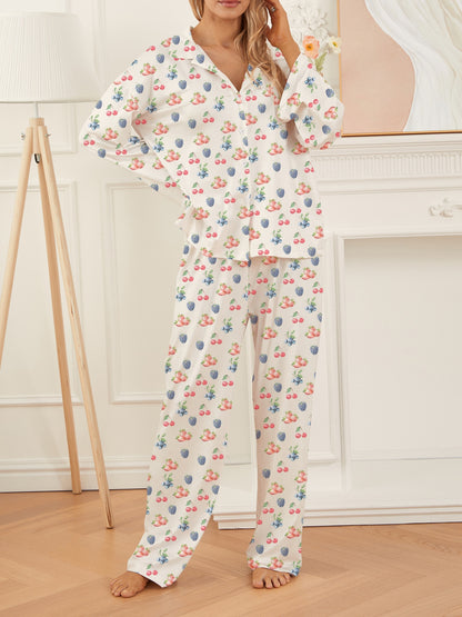 Women's Casual Pajamas Suit Fruit Printed Yellow Homewear Long Sleeve Pajamas Suit - Pajamas Suitable for All Seasons