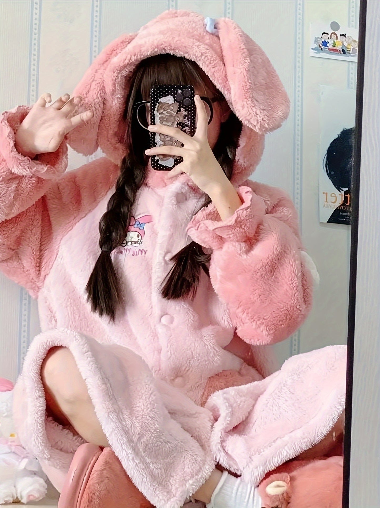 1Genuine Sanrio Melody Ladies' Robe Cute Bathrobe Hooded Plush Pajamas with Kawaii Pattern and Pants Suit Coral Fleece Warm Nightgown Thick Soft Plush Comfortable Shower Bathrobe