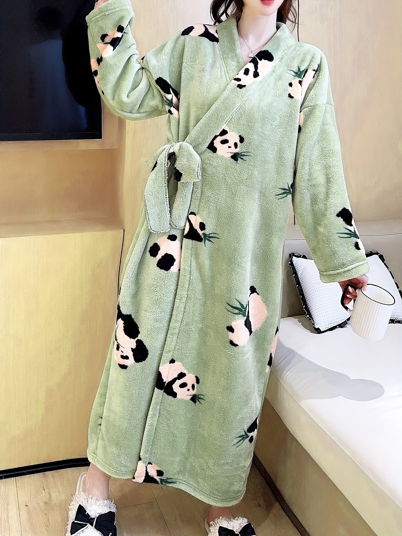 Women's Thick Flannel Warm Nightdress，Medium Long Sleeve Panda Printing Nightgown，Cardigan Bathrobe，Chinese style han costume