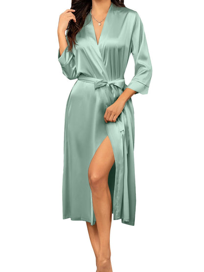 Elegant Lady Satin Long Sleeve V Collar Girdle Printed Homewear - Suitable for All Seasons，Non-See-through Type