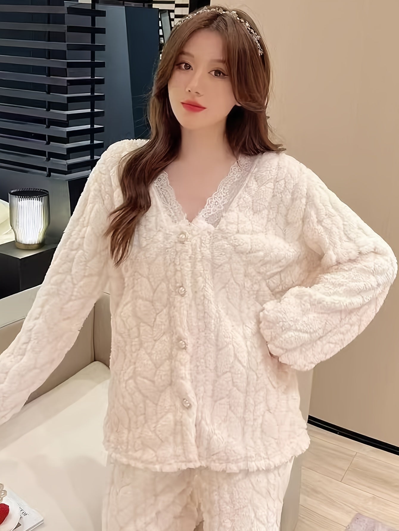 High Quality Micro Elastic Coral Fleece Autumn and Winter Women's Pajamas Sweet Senior Lace Velvet Thickened Winter Loungewear Suit Cardigan Two-Piece Set