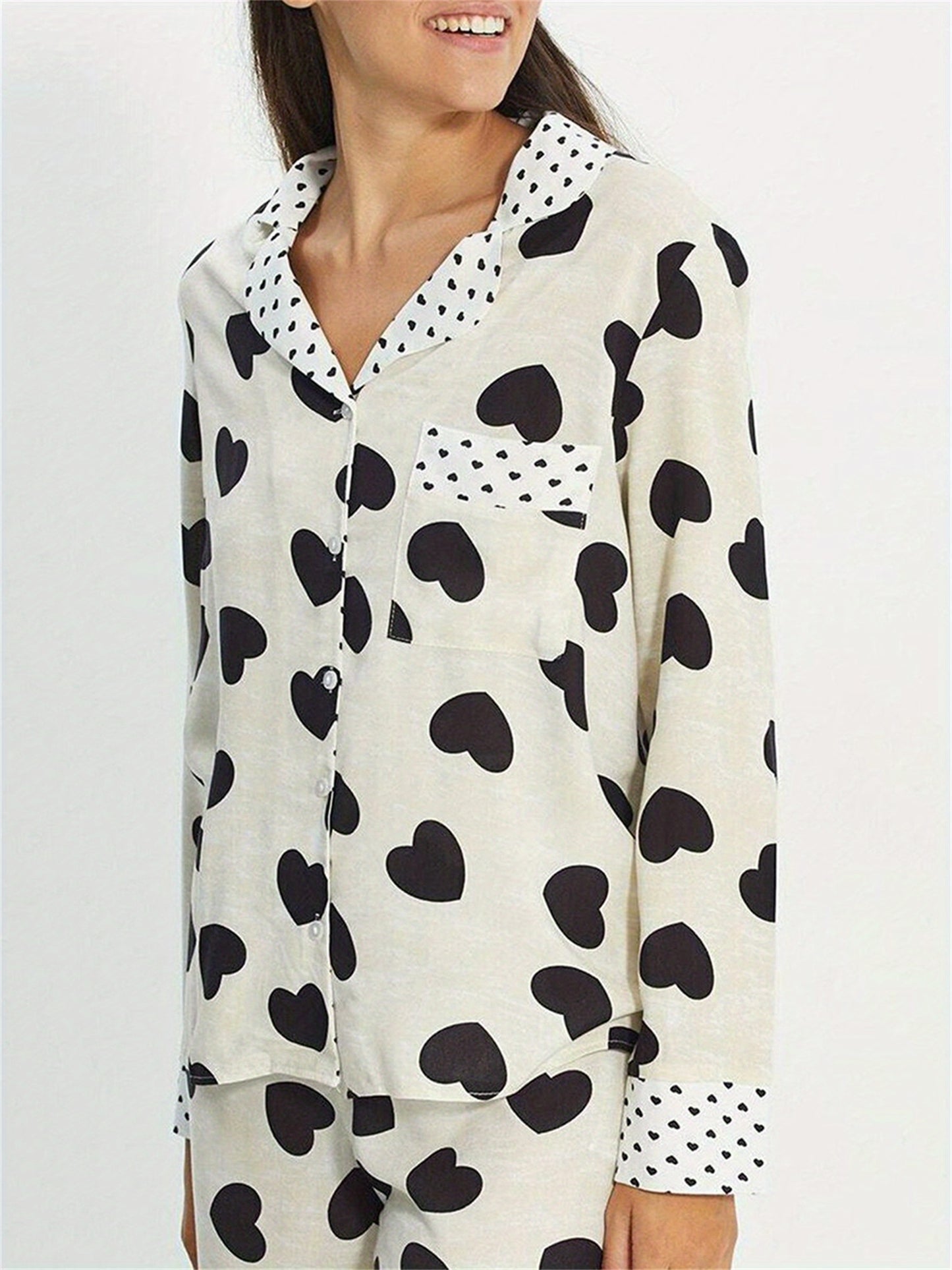 Ladies2Heart-Shaped Spotted Printed Pajamas Suit Long Sleeve Button Top Elastic Waist Trousers Pajamas Suit