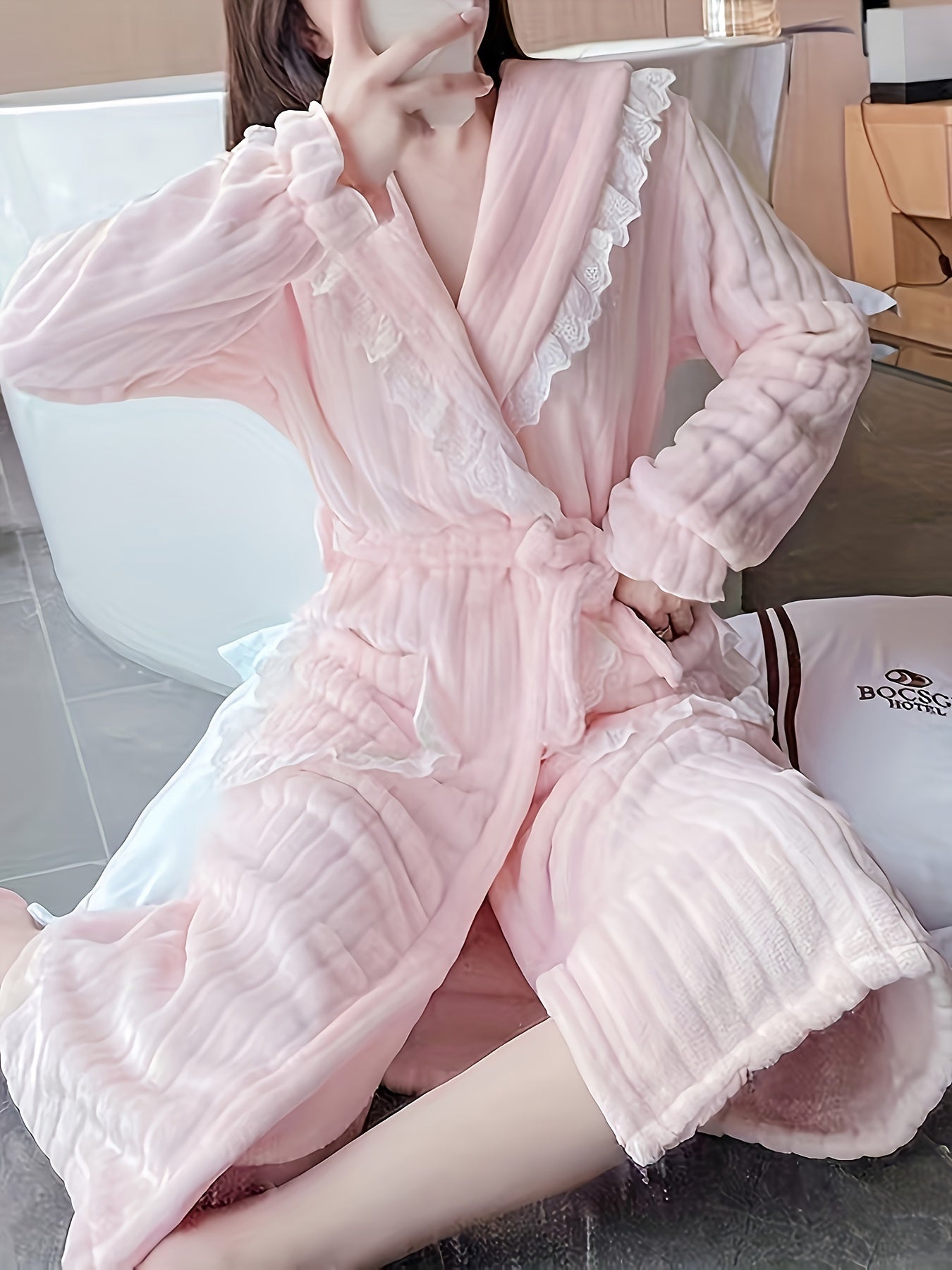 Women's Elegant Winter Coral Fleece Long Thick Flannel Bathrobe - with Lace Edge，V Collar，Waist Girdle，Machine Washable