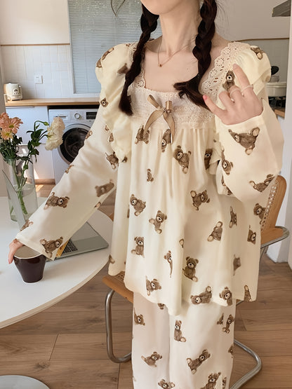 Teddy Bear Printed Pajamas Suit，Cute Long Sleeve Square-Neck Top and Casual Pants，Women's Pajamas and Homewear