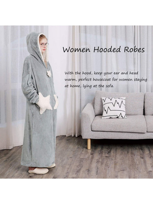 HelloMama Women's Long Pajamas Long Pajamas，Plush Thermal Pajamas with Hood and Zipper，Long Pajamas，Night Pajamas