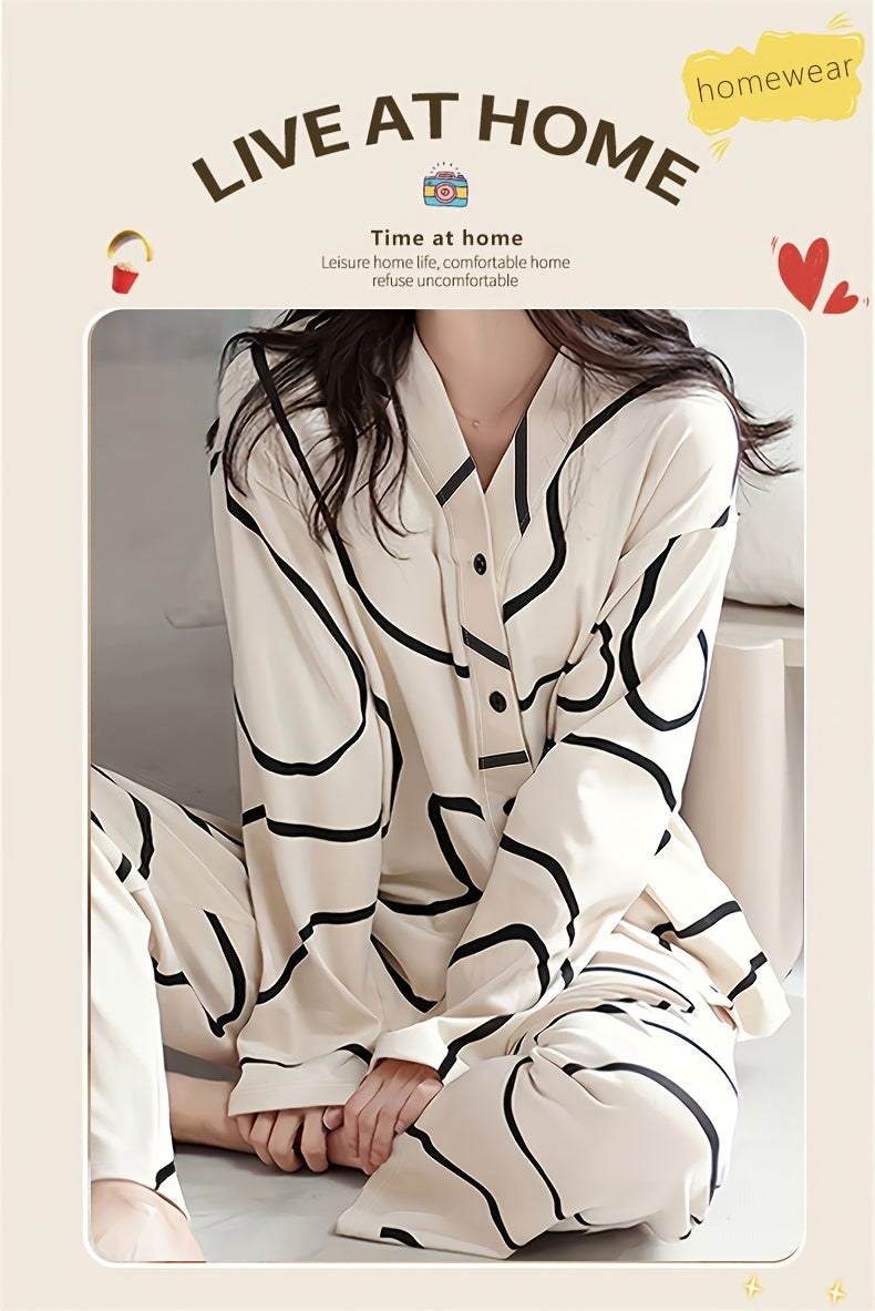 Women's Fashion Casual Set，Long Sleeve Top with Elastic Waist Pants，Casual Abstract Striped Printed Pajamas Suit Autumn and Winter