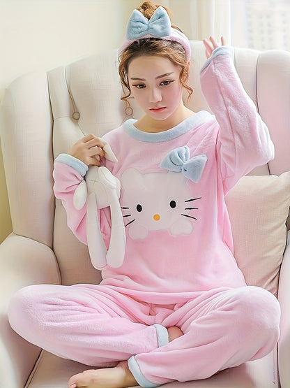 Triple Cute Winter Flannel round Neck Pajamas Coral Velvet Home Ladies Two-Piece Set