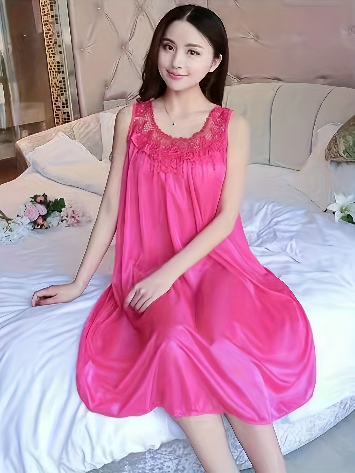 Women's Spring/Summer Ice Silk Home Wear Nightdress Dress Home Wear Lace Stitching Nightdress Comfortable Dress Nightdress