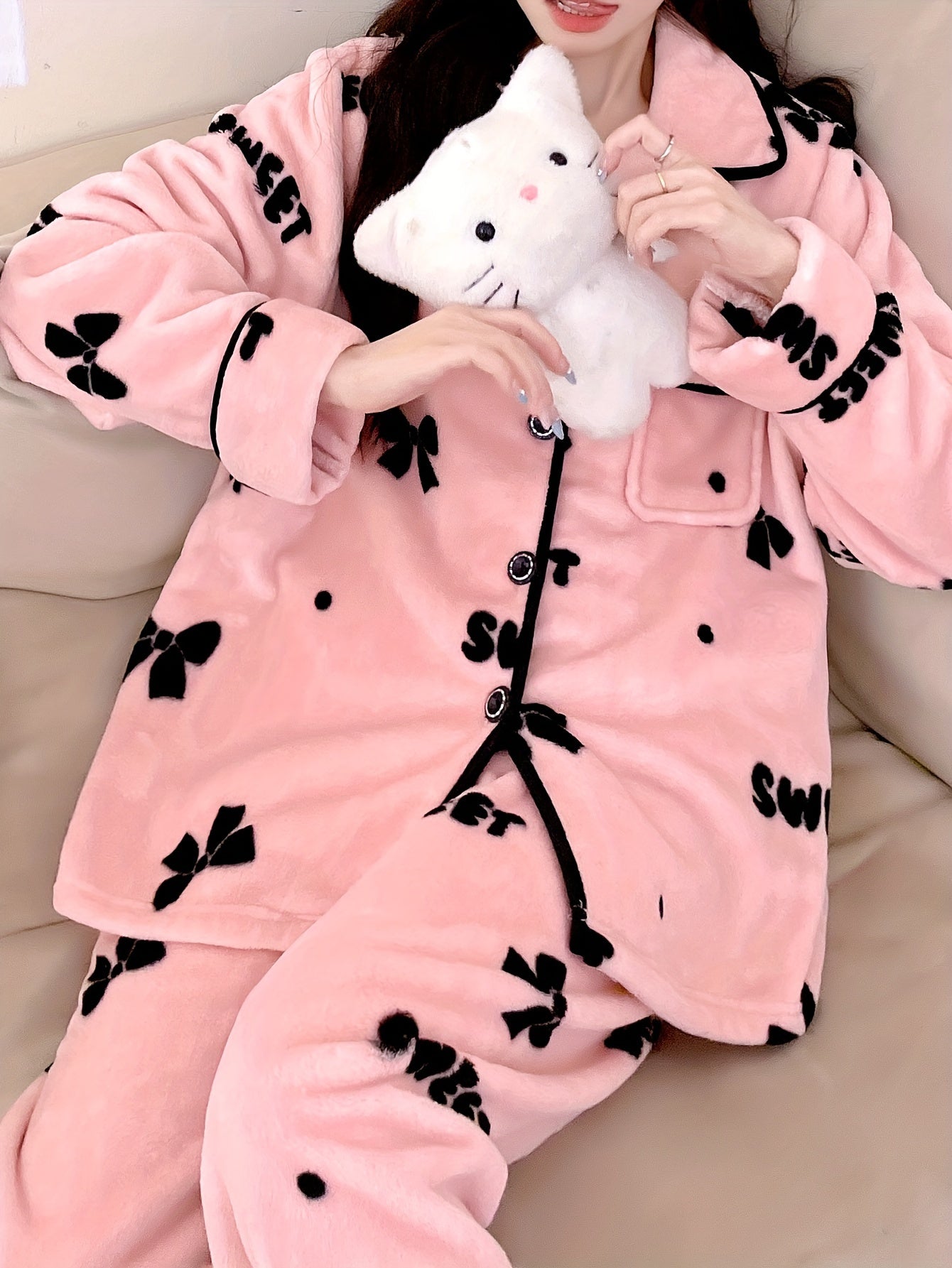 Cartoon Printed Women's Autumn and Winter Fleece-lined Thickened Women's Homewear Pajamas