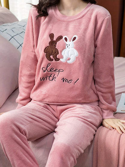 Comfortable Fleece Women's Pajama Suit - Cute Rabbit and Letter Embroidery，Long Sleeve Round Neck Top with Elastic Waist Belt Jogger Pants，Warm Winter Loungewear，Plus Size Pajamas Suit，Flannel，Spiral Shrink-Proof Design，Thickened