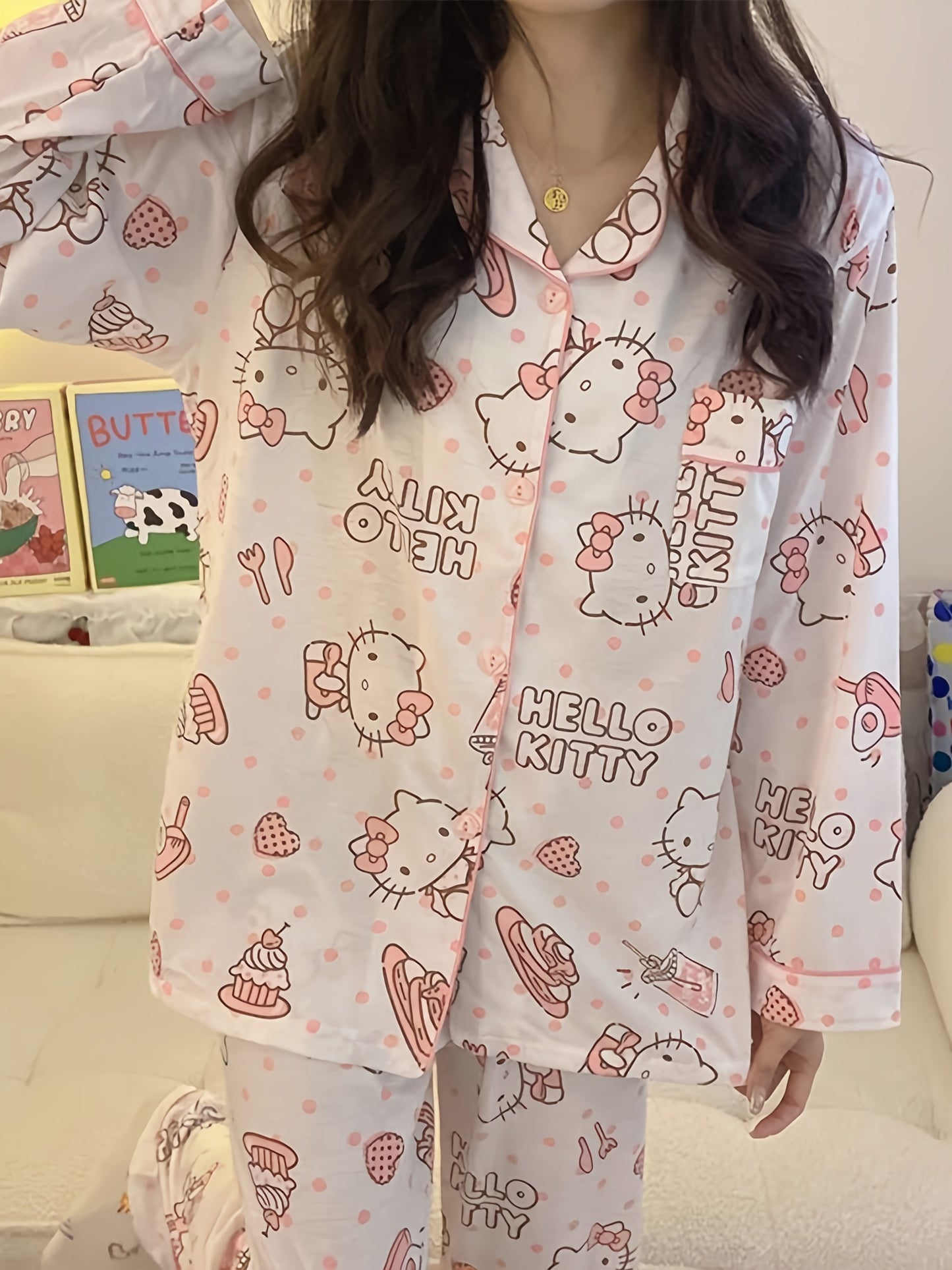 2pc Sanrio Authorization Hello Kitty Cute Fashion Long Sleeve Cardigan Pajamas Suit Casual Loose Two-Piece Suit Pajamas Suit Ladies and Girls