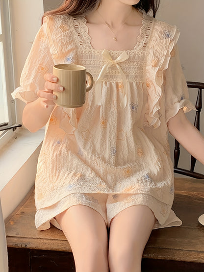 Women's XINGX Printed Cute Texture Contrast Lace Ruffled Pajamas Suit，Puff Sleeve Square Collar Top and Shorts，Comfortable Loose Design