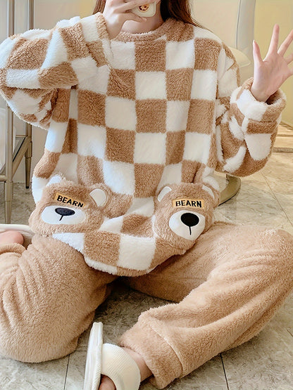 Women's Autumn and Winter Thickening Coral Velvet Pajamas Sweet Cute Bear Brown Plaid Homewear Loose plus Size Two-Piece Suit