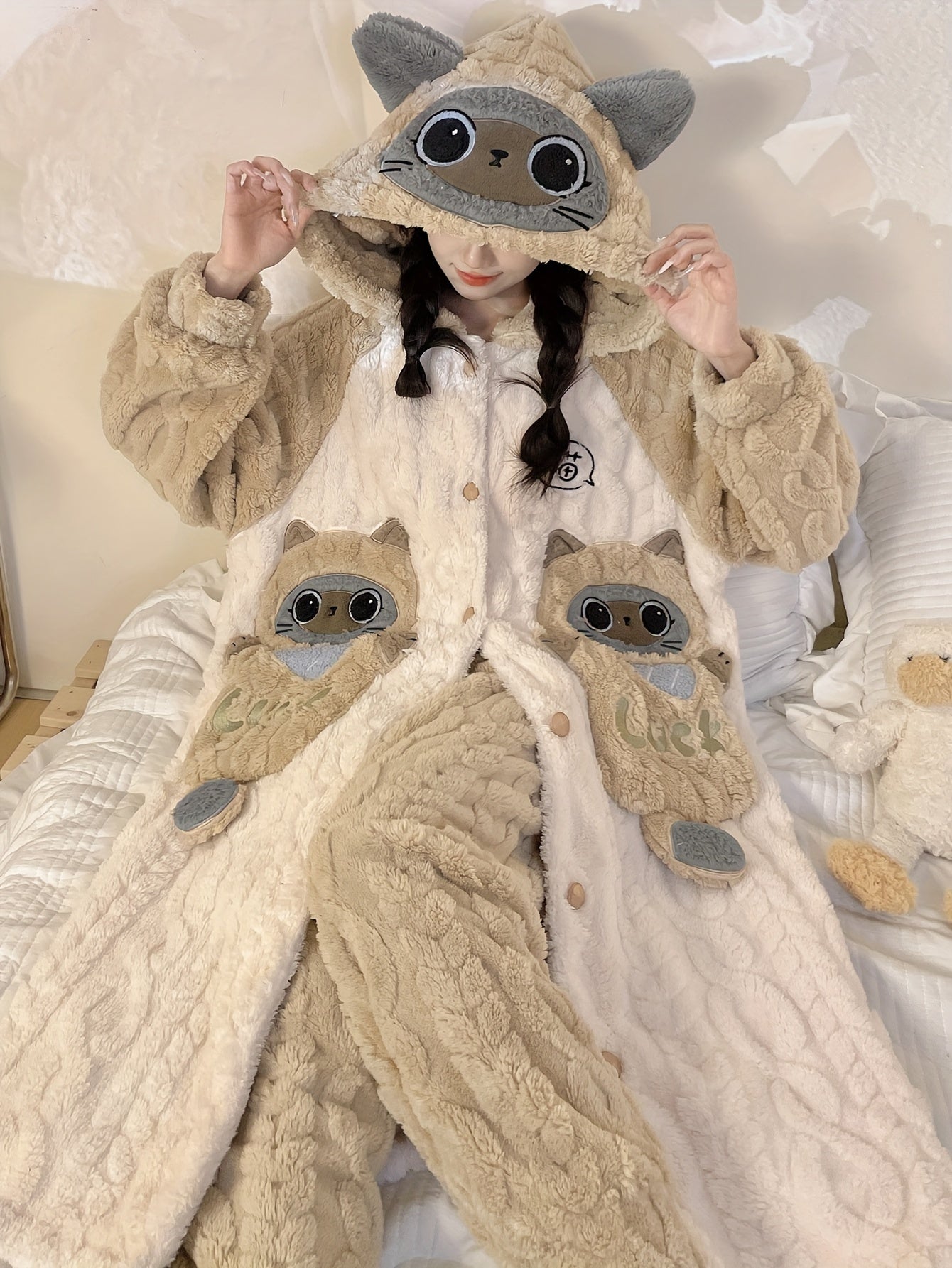 Women's Pajamas Flannel Suit Two-Piece Robe Mid-Length Autumn and Winter Thickening Thermal Long Sleeve Hooded Cartoon Little Fox Cat