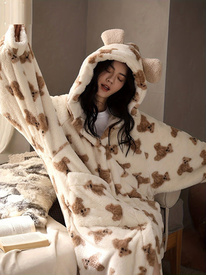 A Comfortable Suede Long-Sleeved Pajamas with Cartoon Bear Print，with Hat and Pocket Homewear，Fall winter fashion，Adult Size