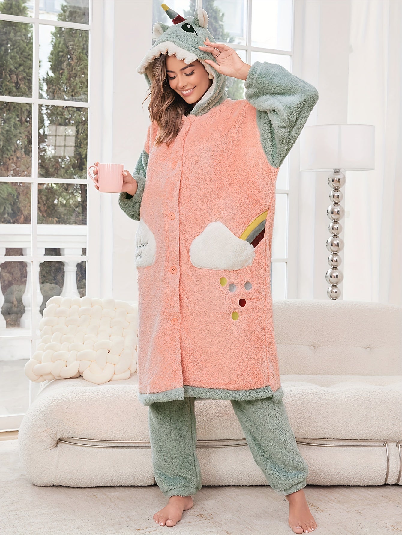 A Set of Hooded Pajamas Themed with Adult Cartoon Characters Suit，Cute Plush Warm Fleece Homewear，Embroidered Long-Sleeved Top and Pants，Comfortable Autumn and Winter Homewear，Knitted polyester fabric - Straight Skirt Style