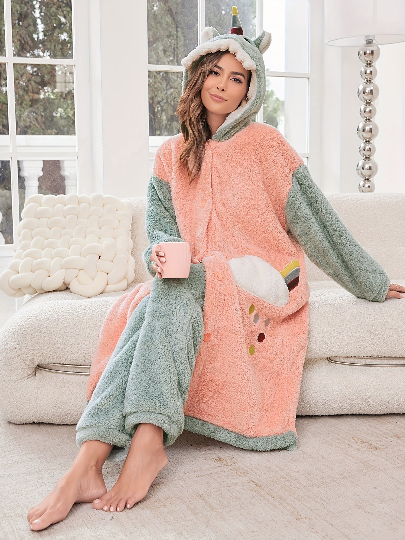 A Set of Hooded Pajamas Themed with Adult Cartoon Characters Suit，Cute Plush Warm Fleece Homewear，Embroidered Long-Sleeved Top and Pants，Comfortable Autumn and Winter Homewear，Knitted polyester fabric - Straight Skirt Style