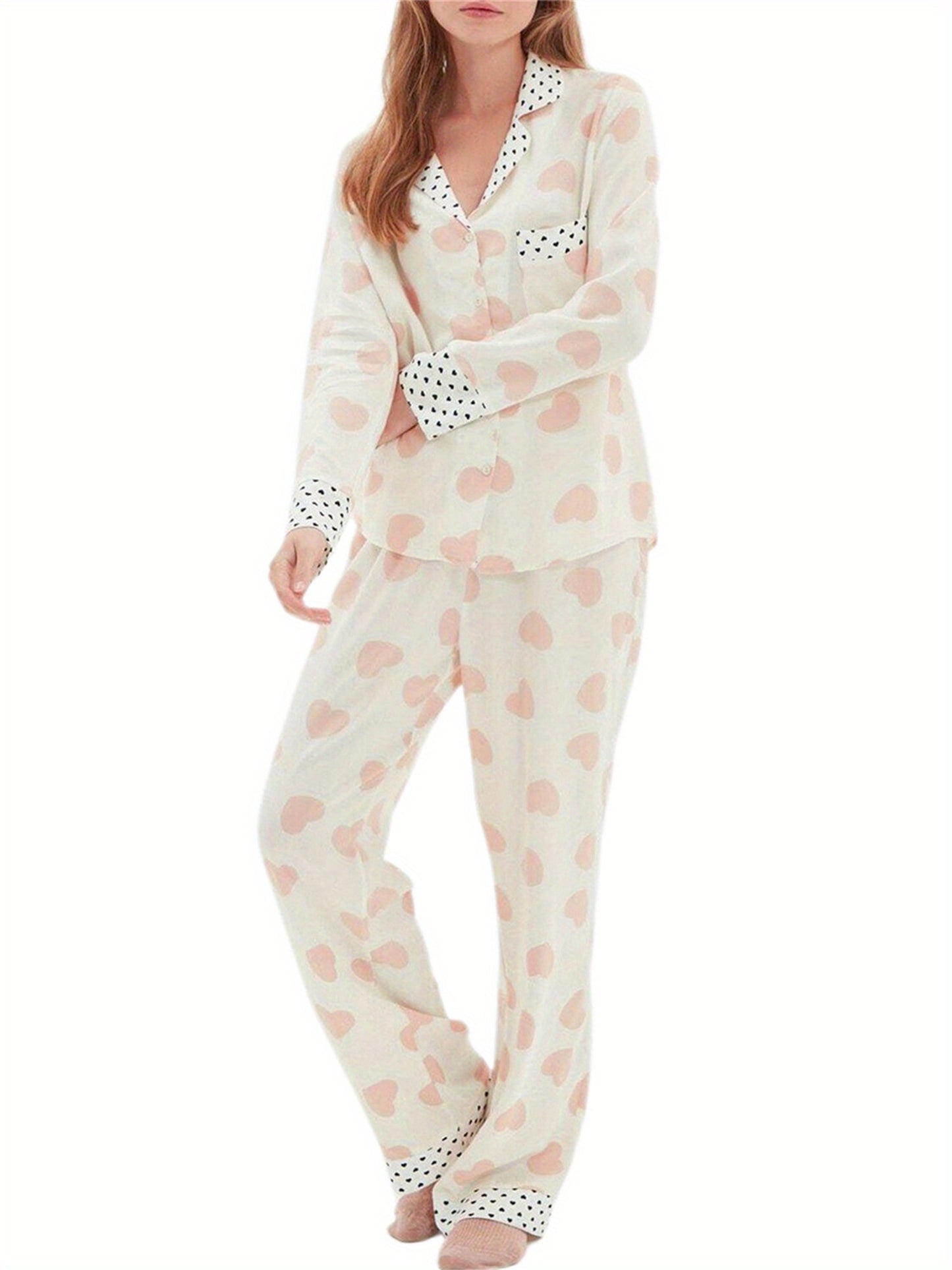 Women's Heart-Shaped Pajamas Suit，Long Cufflinks Shirt，Elastic Waist Belt Trousers，2Pajamas Set