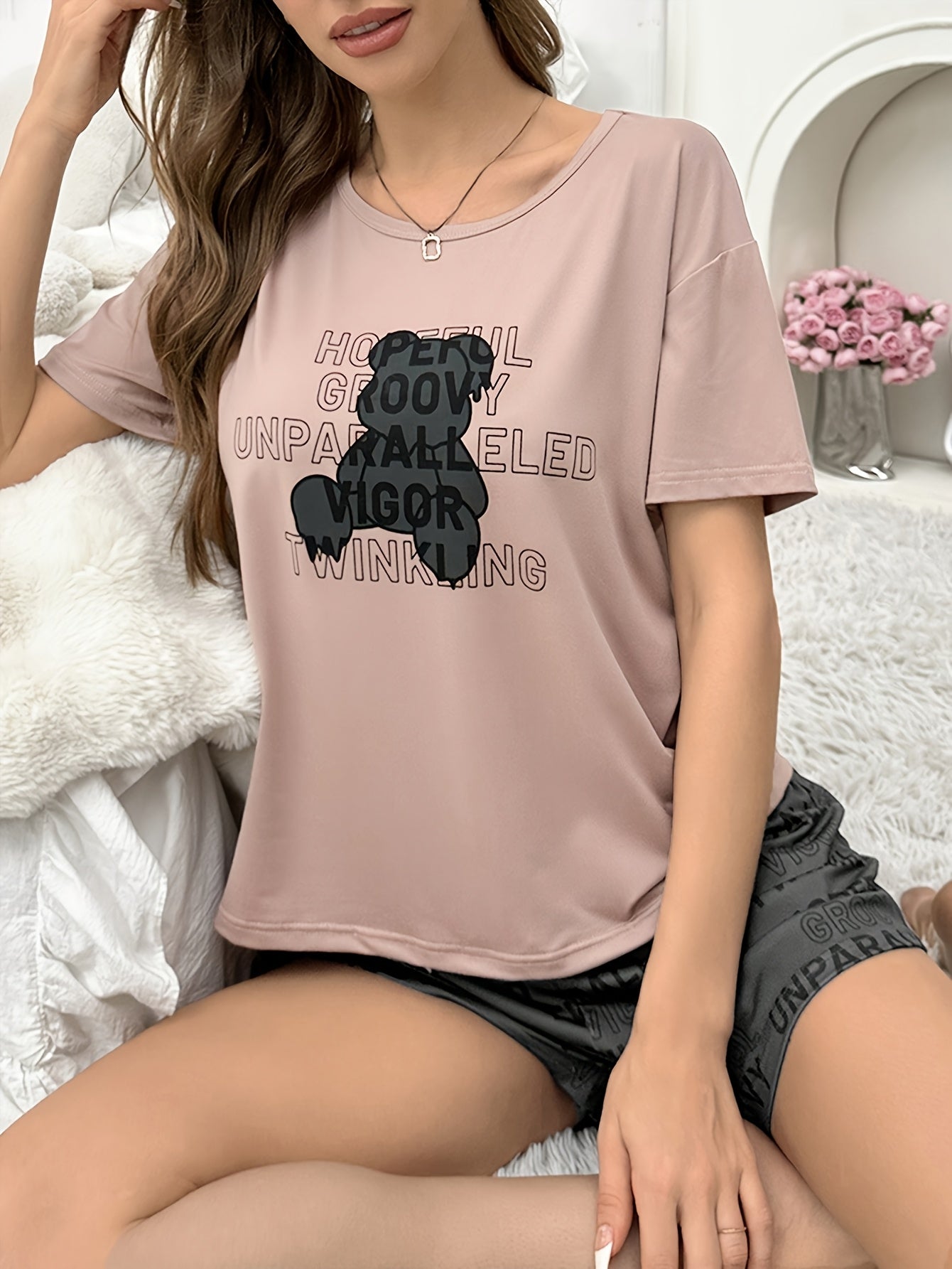 Elegant Teddy Bear Printed Short Sleeve Shorts Pajamas Suit + Funny Letter Print Casual Pajamas Suit + High Quality Soft round Neck Short Sleeve Shorts Women's Two-Piece Set