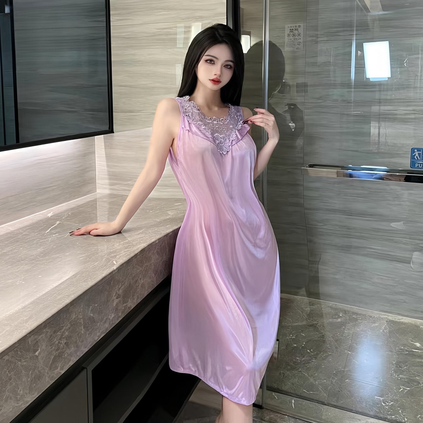 Lady Sexy Solid Color Satin Stitching Lace Pajamas Dress，round Neck Sleeveless Vest Dress，Comfortable Nightgown