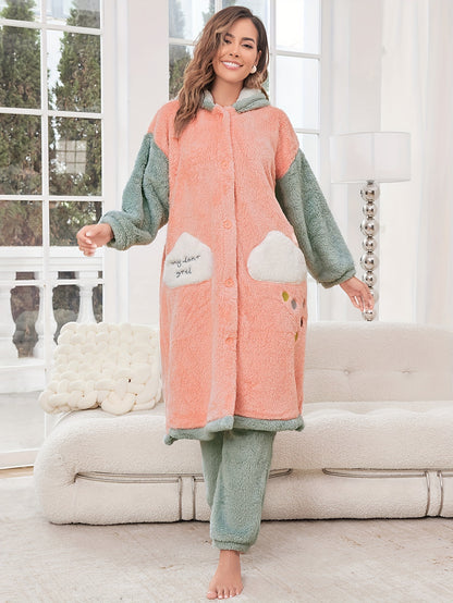 A Set of Hooded Pajamas Themed with Adult Cartoon Characters Suit，Cute Plush Warm Fleece Homewear，Embroidered Long-Sleeved Top and Pants，Comfortable Autumn and Winter Homewear，Knitted polyester fabric - Straight Skirt Style