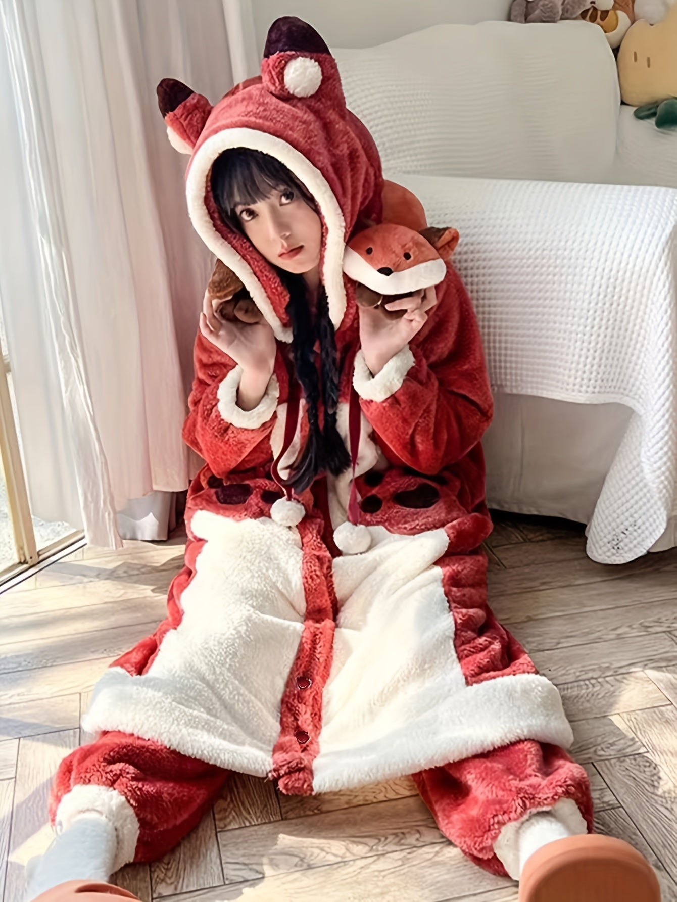 Autumn and Winter Cute Cartoon Fox Plush Thick Night-Robe，Long Sleeve Hooded Loose Pockets Nightgown，Women's Pajamas and Dress