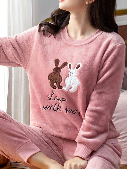 Comfortable Fleece Women's Pajama Suit - Cute Rabbit and Letter Embroidery，Long Sleeve Round Neck Top with Elastic Waist Belt Jogger Pants，Warm Winter Loungewear，Plus Size Pajamas Suit，Flannel，Spiral Shrink-Proof Design，Thickened