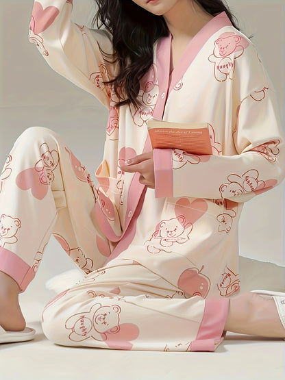 Cartoon Bear Print Pajamas Suit，Long Sleeve Button Top and Elastic Waistband Pants，Women's Pajamas and Homewear