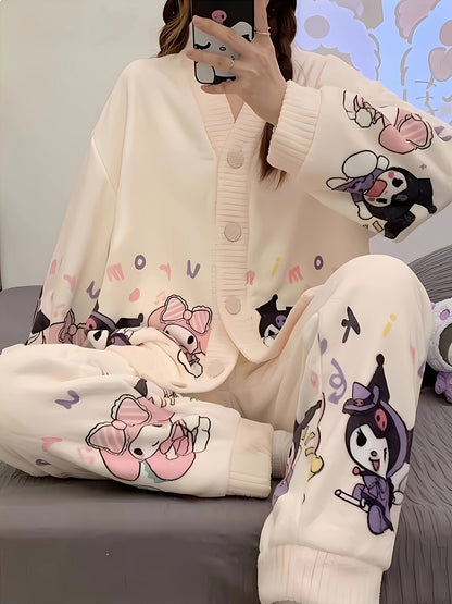 2 Set of Sanrio Authorized Cartoon Pattern Long-Sleeved Pajamas Suit，Thick Warm Loungewear，Sweet Cute Pajamas，Outerwear Homewear 2 Set